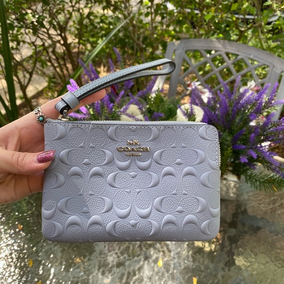 Coach Light Blue Embossed Logo Zippered Wristlet - Picture 8 of 16